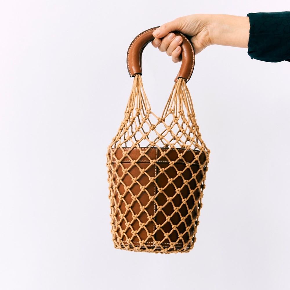 STAUD Brown Leather Bucket Bag with Tan Macramé Net